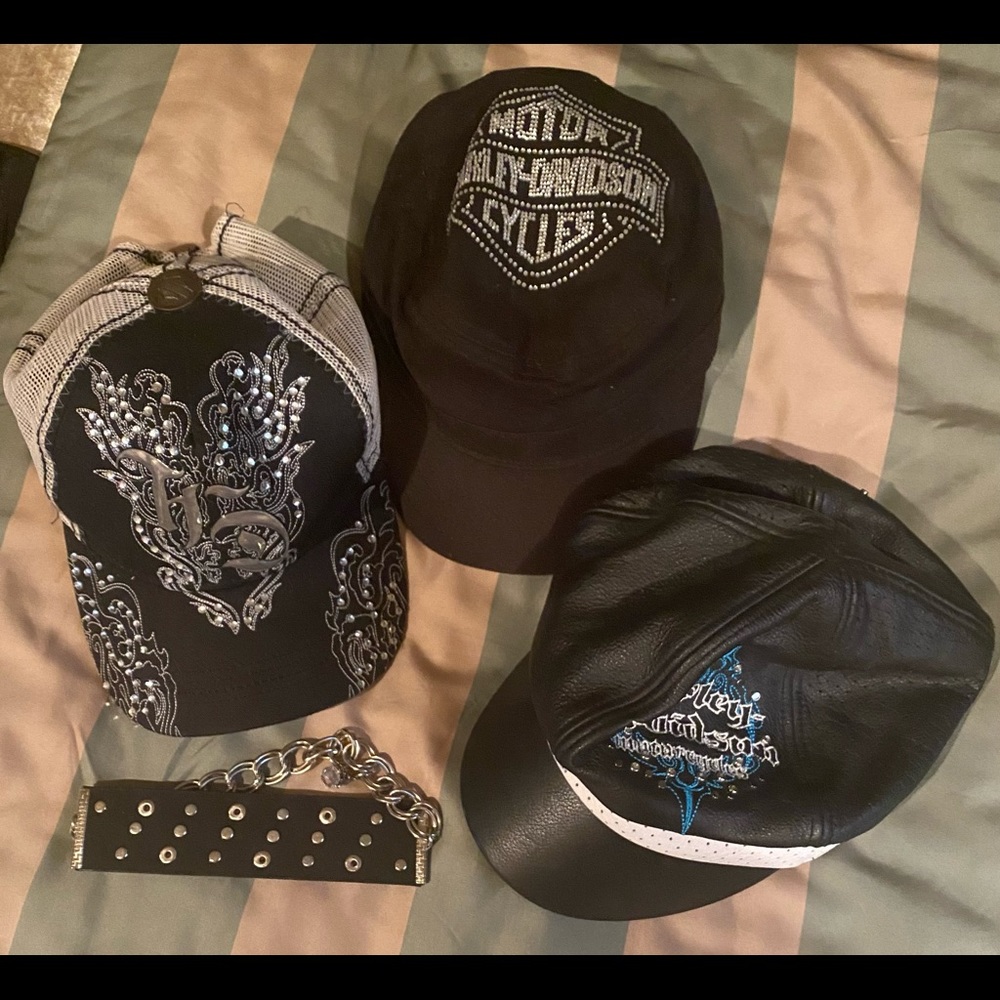 A lot of 3 HD hats and boot strap. Hardly worn. Bling. Harley Davidson